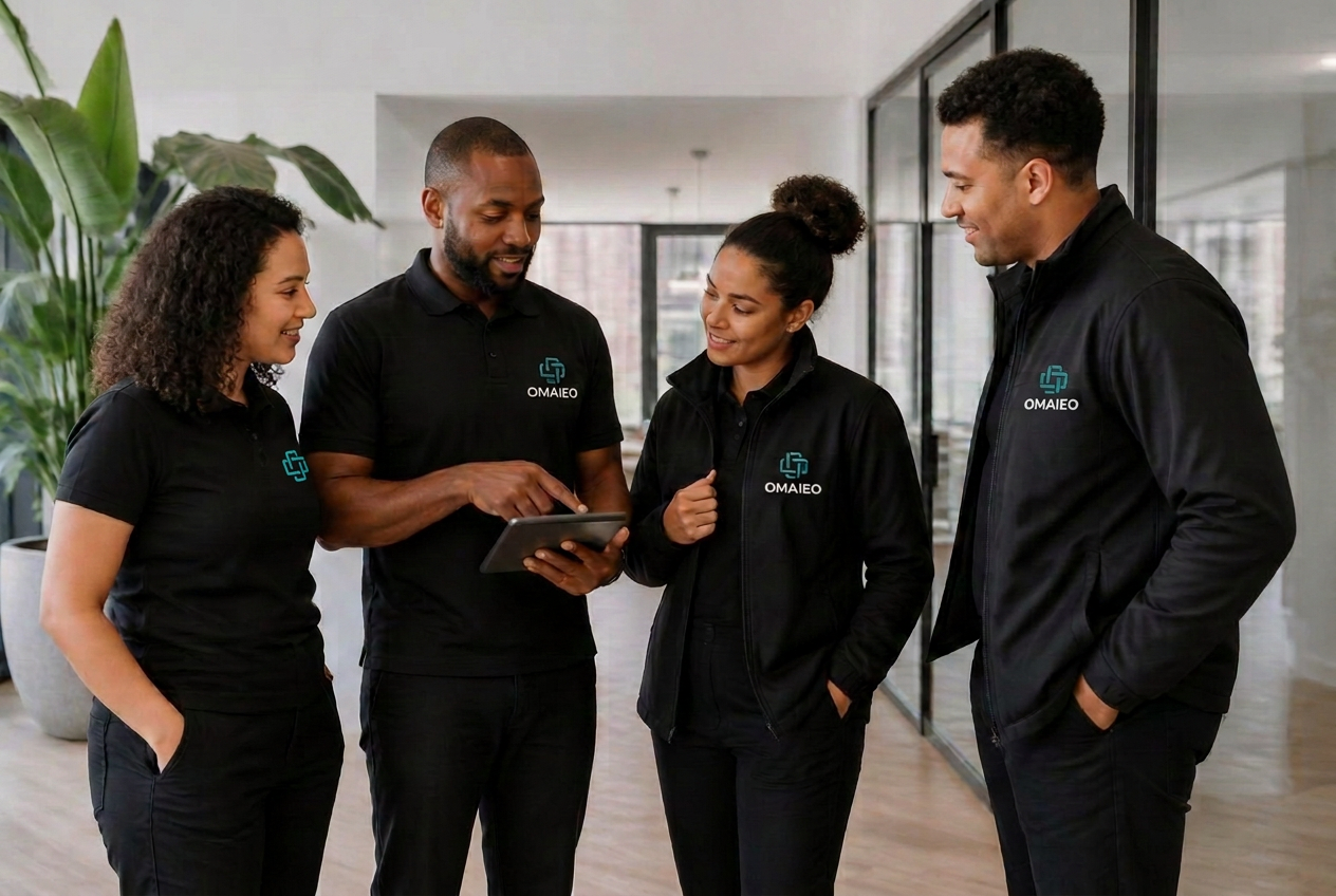 OMAIEO team in branded workwear in conversation