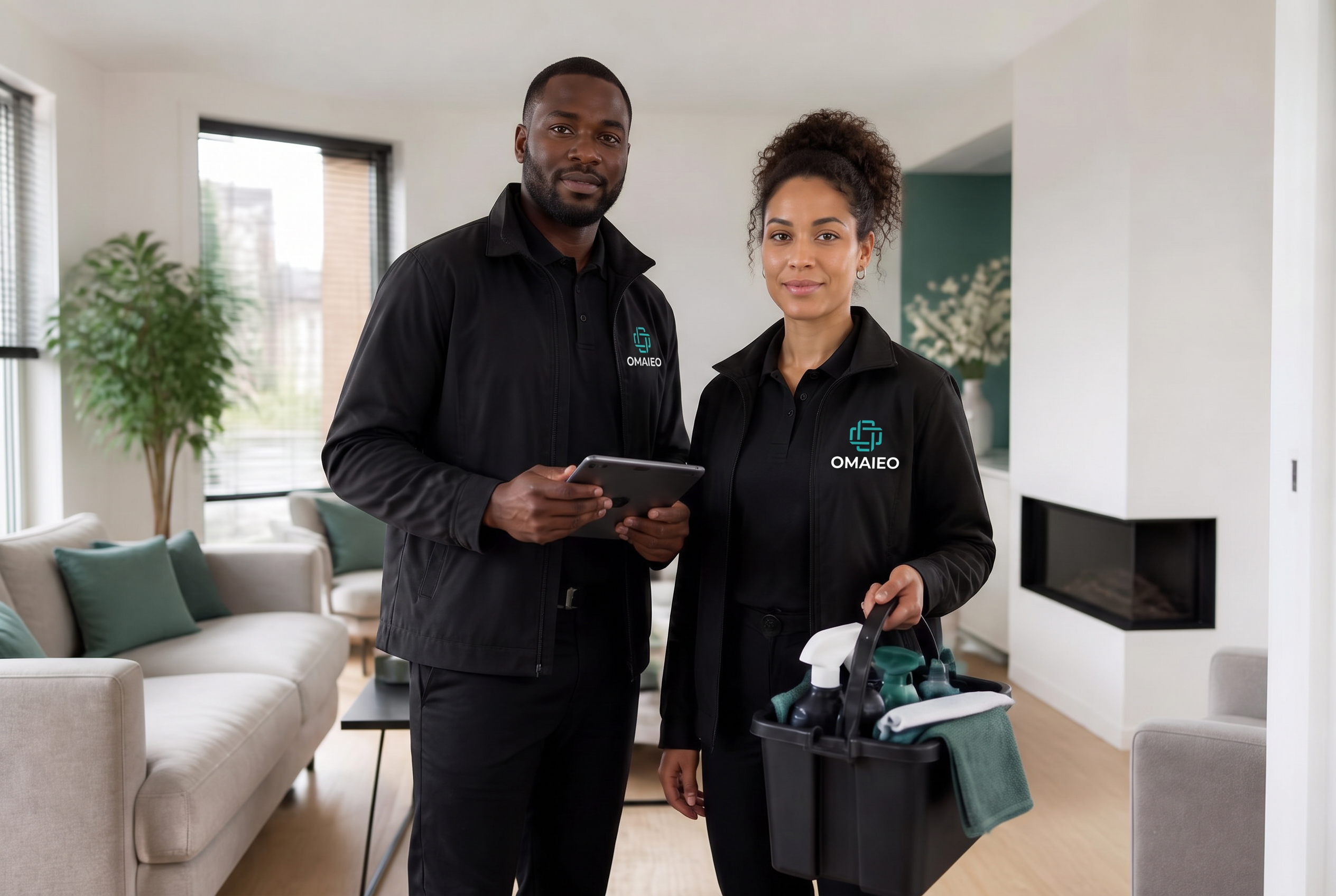 Two OMAIEO professionals in black branded workwear in a modern Dutch living room