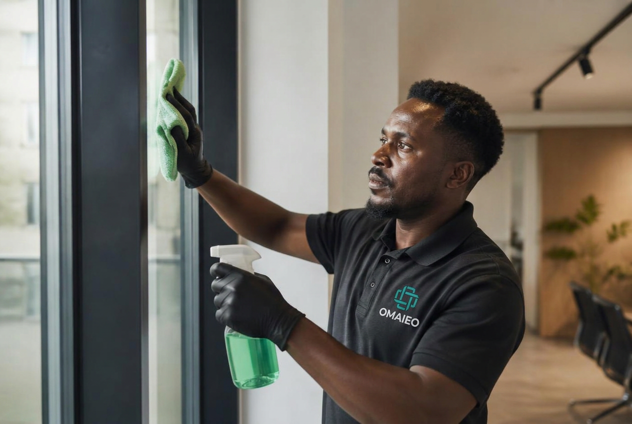 OMAIEO cleaning professional cleaning a large window in a modern office