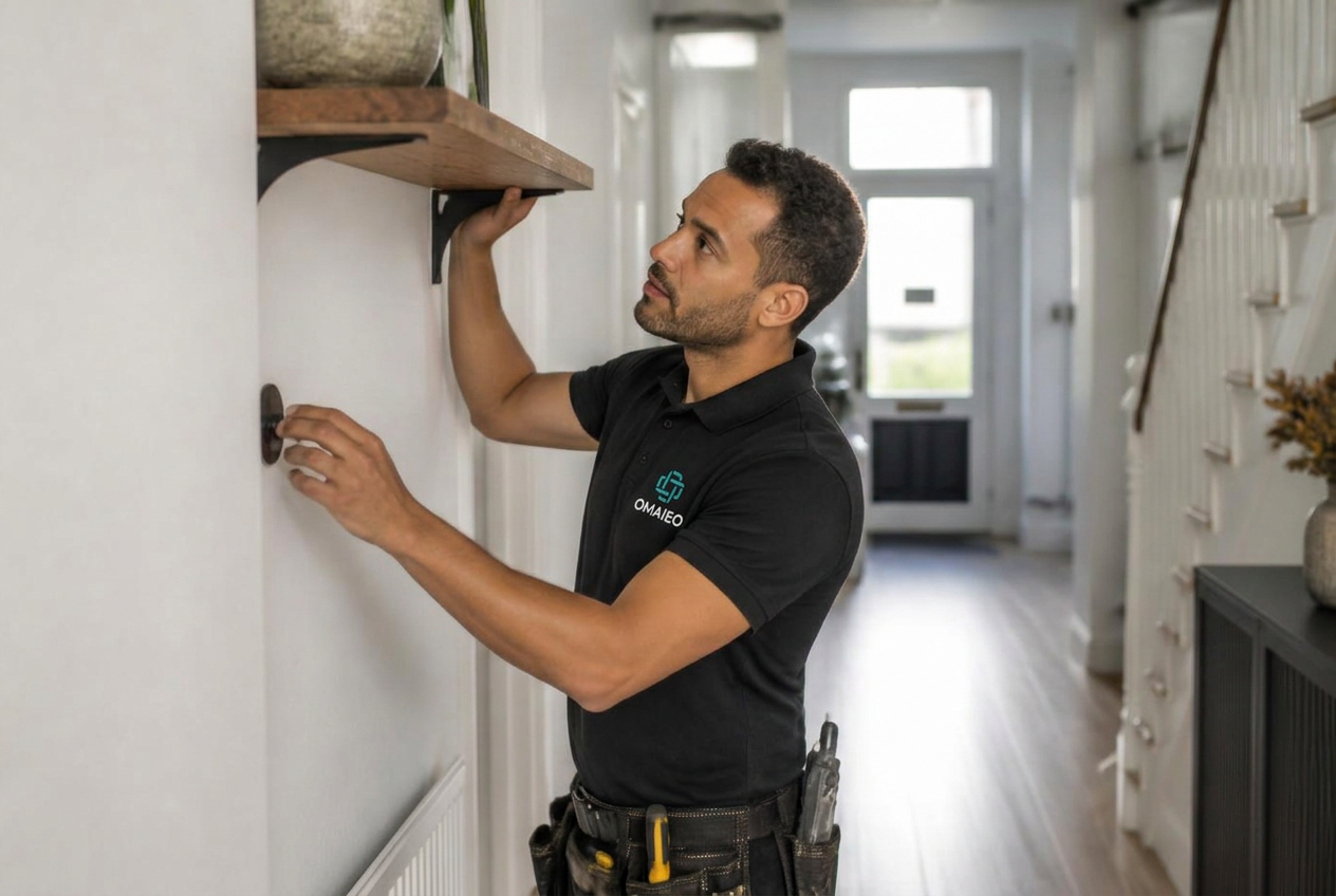OMAIEO handyman fitting a wall shelf in a Dutch home