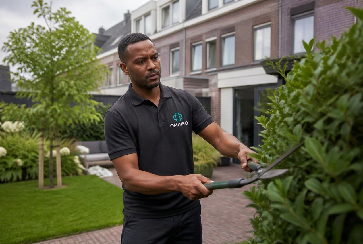 OMAIEO gardener trimming a hedge in a Dutch back garden