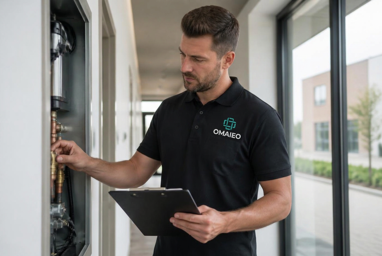 OMAIEO maintenance technician inspecting a technical installation in a commercial building