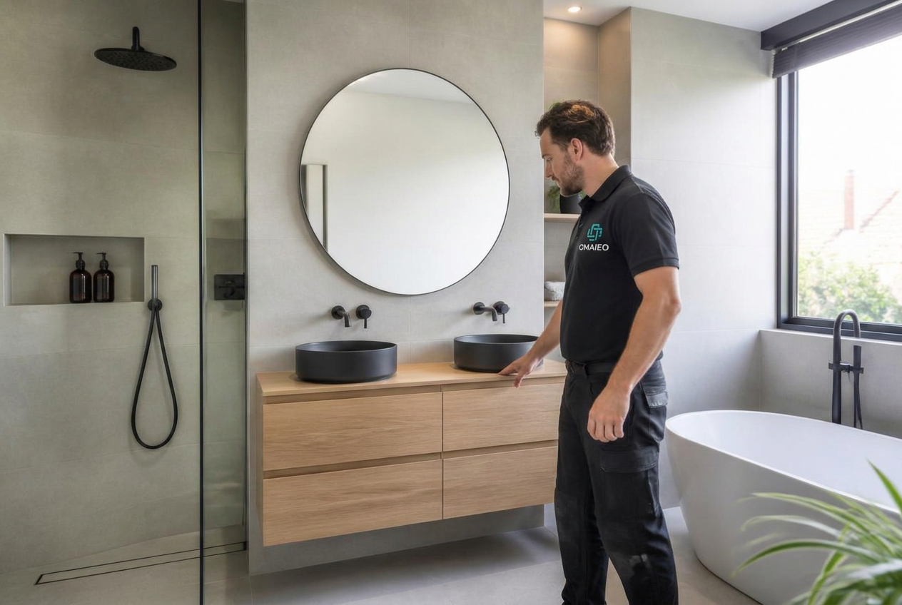 Newly renovated modern bathroom with an OMAIEO professional checking the finish